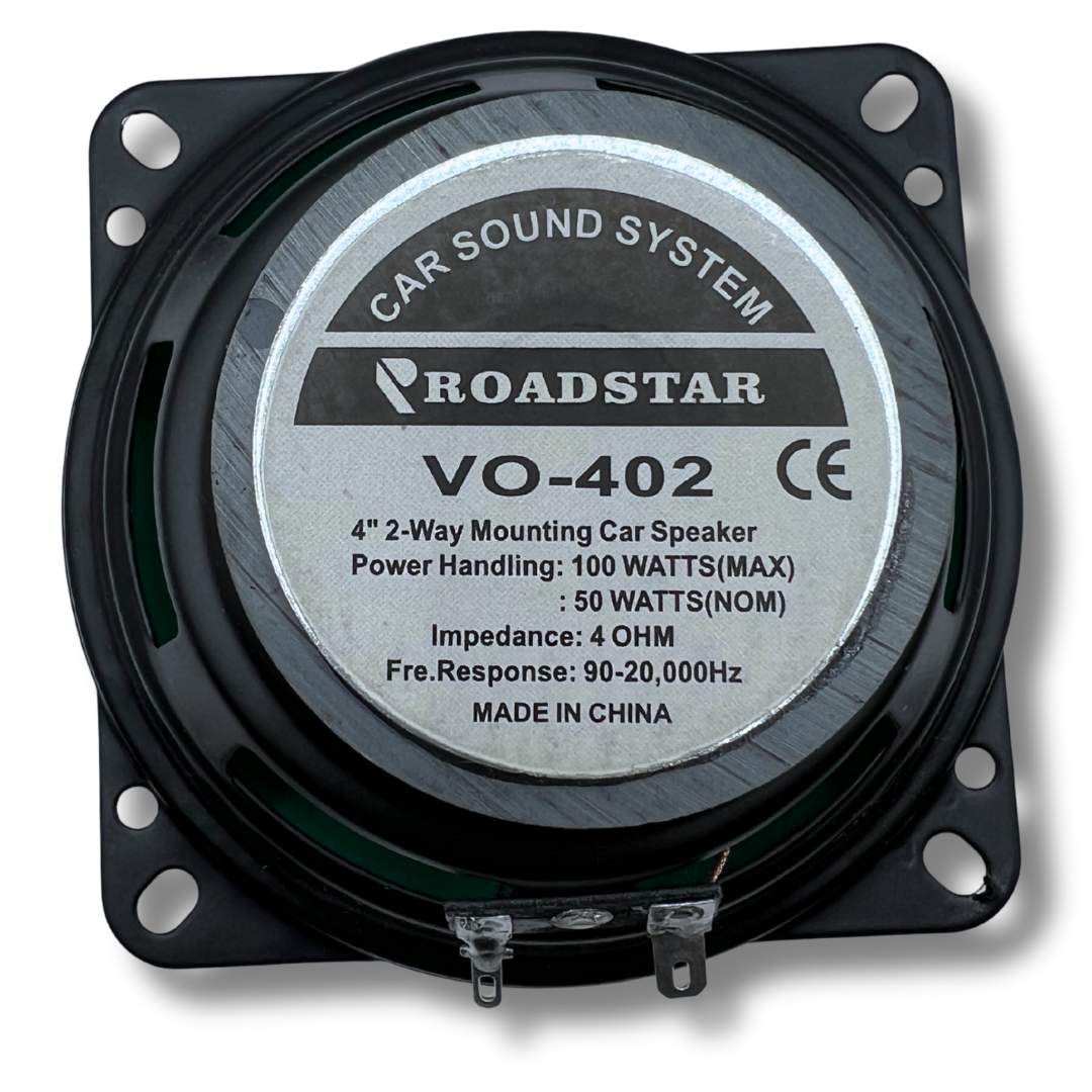 Rear label of Roadstar VO-402 speaker showing power handling 100W max and 4-ohm impedance