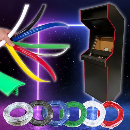 Colourful arcade T-moulding options including red, blue, green, chrome, black, yellow, and white with matching coils