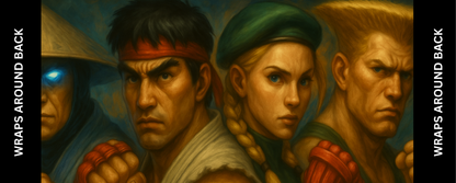 Arcade Warriors II control panel wrap – hand-painted fighter artwork for arcade machines