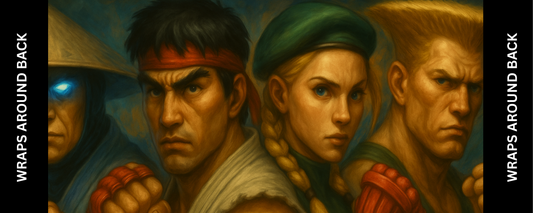 Arcade Warriors II control panel wrap – hand-painted fighter artwork for arcade machines