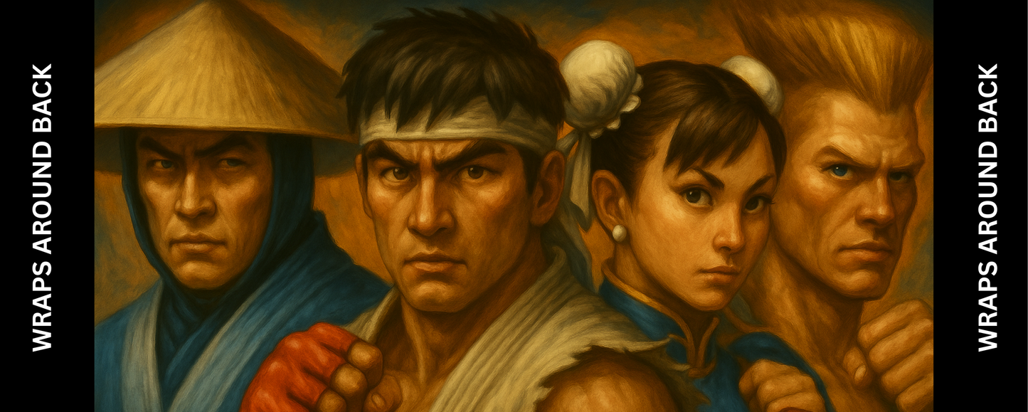 Arcade Warriors control panel artwork wrap featuring hand-painted fan art style with characters inspired by classic fighting games, designed for custom arcade cabinets.