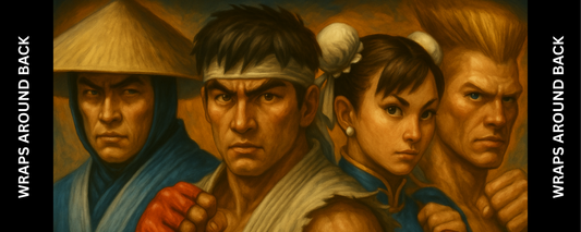 Arcade Warriors control panel artwork wrap featuring hand-painted fan art style with characters inspired by classic fighting games, designed for custom arcade cabinets.