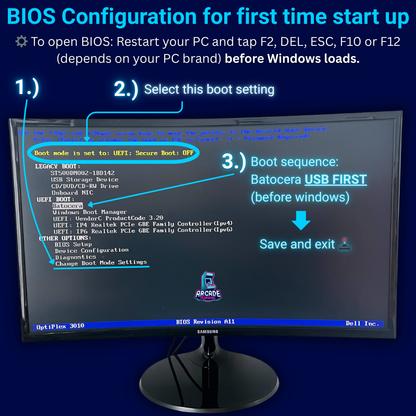 BIOS configuration guide showing how to set boot mode to UEFI with Secure Boot off and change boot sequence to load Batocera USB first before Windows.