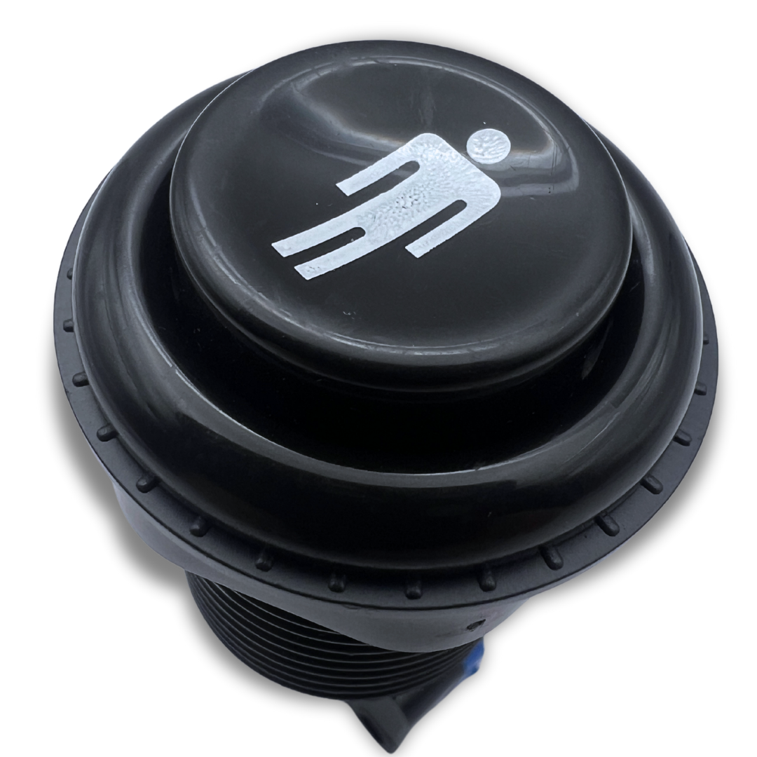 Top angled view of black 1 player arcade button with printed icon