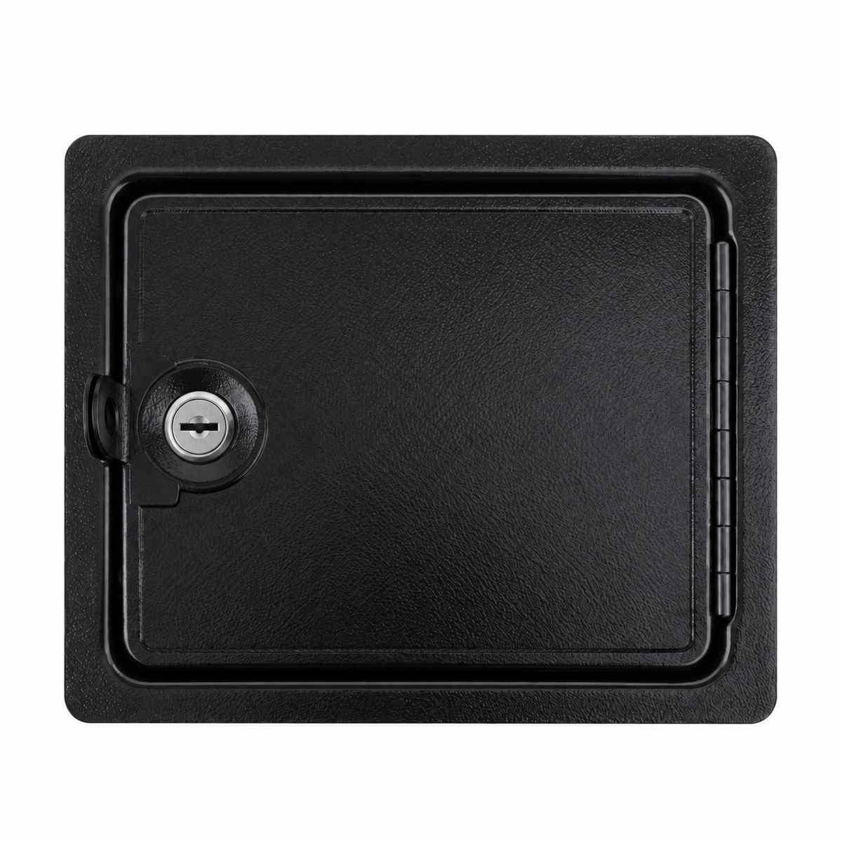 Black blank arcade coin door with lock installed for DIY arcade cabinet builds.