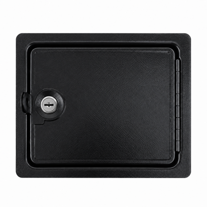 Black blank arcade coin door with lock installed for DIY arcade cabinet builds.