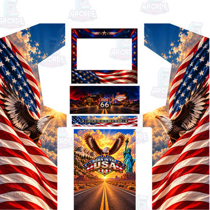 Born in the USA arcade cabinet wrap kit without marquee featuring bald eagle and American flag side art, stars and stripes bezel, Route 66 control panel and Statue of Liberty kick panel
