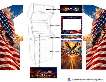 Born in the USA arcade cabinet wrap kit mockup on an Arcade Revival upright arcade cabinet diagram with bald eagle and American flag side art, American Classic marquee, stars and stripes bezel, Route 66 control panel and Statue of Liberty kick panel
