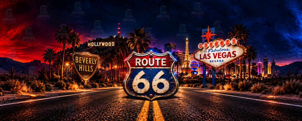 Born in the USA arcade control panel overlay featuring iconic Route 66 sign with Hollywood Beverly Hills and Welcome to Las Vegas landmarks against a dramatic red and blue night sky backdrop for DIY arcade cabinet builds.