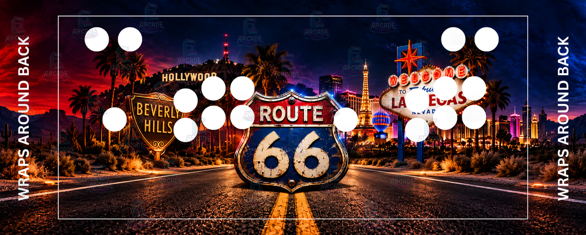 Born in the USA arcade control panel overlay with 2 player button layout featuring iconic Route 66 sign with Hollywood Beverly Hills and Welcome to Las Vegas landmarks against a dramatic red and blue night sky backdrop for DIY arcade cabinet builds.