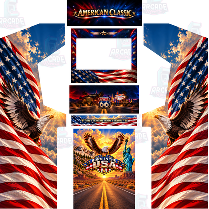 Born in the USA full arcade cabinet wrap kit with bald eagle and American flag side art, American Classic marquee, stars and stripes bezel, Route 66 control panel and Statue of Liberty kick panel.