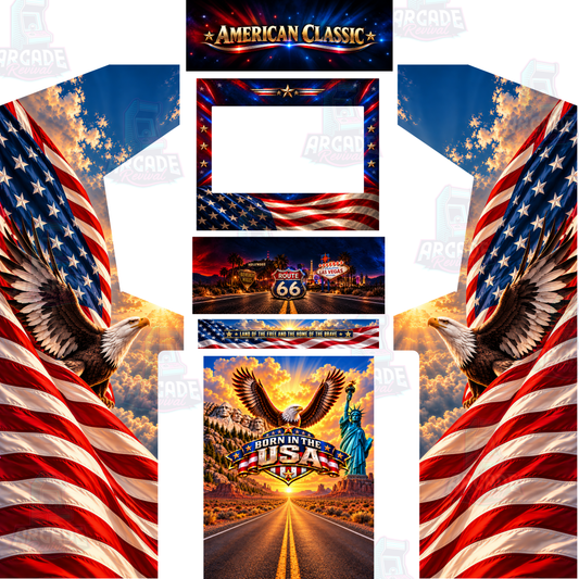 Born in the USA full arcade cabinet wrap kit with bald eagle and American flag side art, American Classic marquee, stars and stripes bezel, Route 66 control panel and Statue of Liberty kick panel.