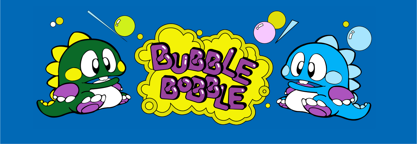 Bubble Bobble arcade marquee reproduction featuring the original 1986 Taito artwork with Bub and Bob bubble dragon characters and bold purple logo against a vibrant blue backdrop for arcade cabinets.