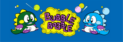 Bubble Bobble arcade marquee reproduction featuring the original 1986 Taito artwork with Bub and Bob bubble dragon characters and bold purple logo against a vibrant blue backdrop for arcade cabinets.