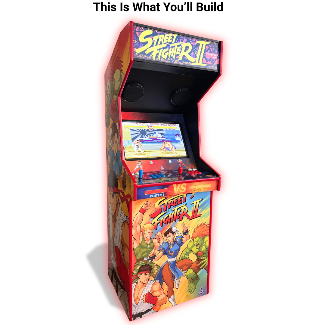 DIY arcade machine cabinet built from an emulator starter kit with custom artwork, joystick controls and step-by-step arcade build guide
