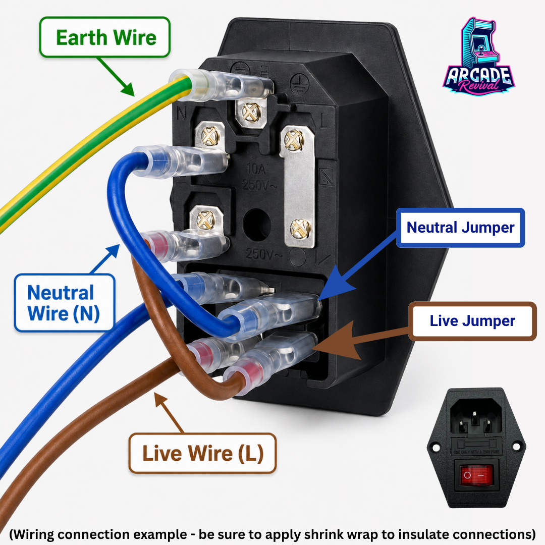 C14 power inlet switch wiring diagram showing earth, neutral and live connections with neutral and live jumpers for an arcade cabinet power supply.
