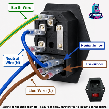 C14 power inlet switch wiring diagram showing earth, neutral and live connections with neutral and live jumpers for an arcade cabinet power supply.