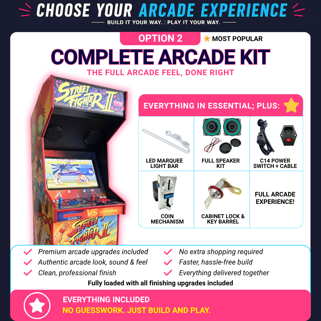 Complete emulator arcade build kit with premium upgrades including LED marquee, speakers, C14 power switch, coin mechanism and cabinet lock for a DIY arcade machine
