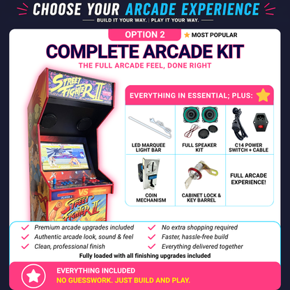 Complete emulator arcade build kit with premium upgrades including LED marquee, speakers, C14 power switch, coin mechanism and cabinet lock for a DIY arcade machine