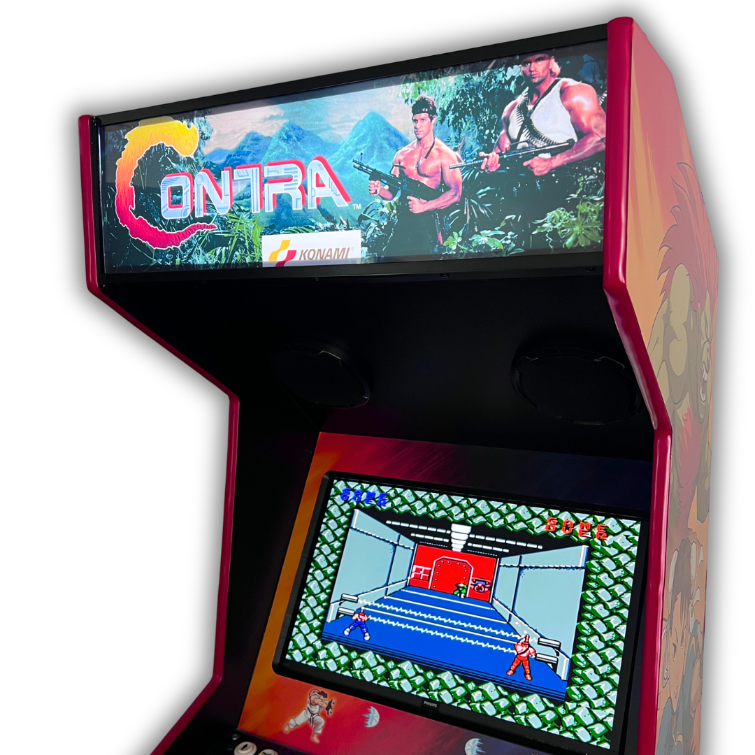 Angled close-up of backlit Contra arcade marquee reproduction on upright arcade cabinet