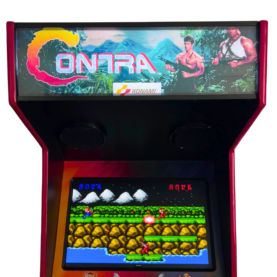 Backlit Contra arcade marquee reproduction mounted on custom upright arcade cabinet during gameplay