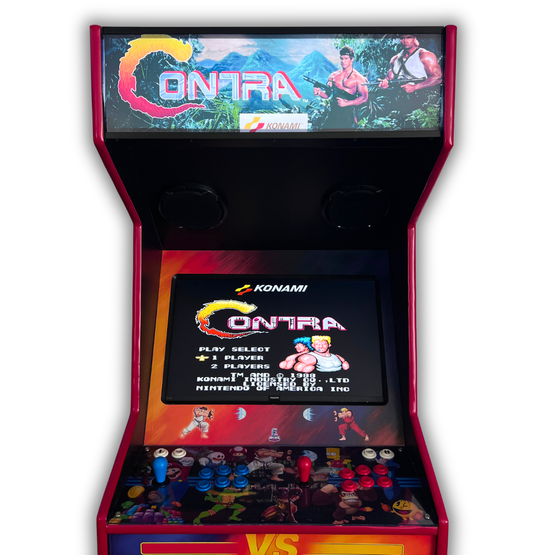 Contra arcade marquee reproduction installed on upright arcade cabinet showing title screen display