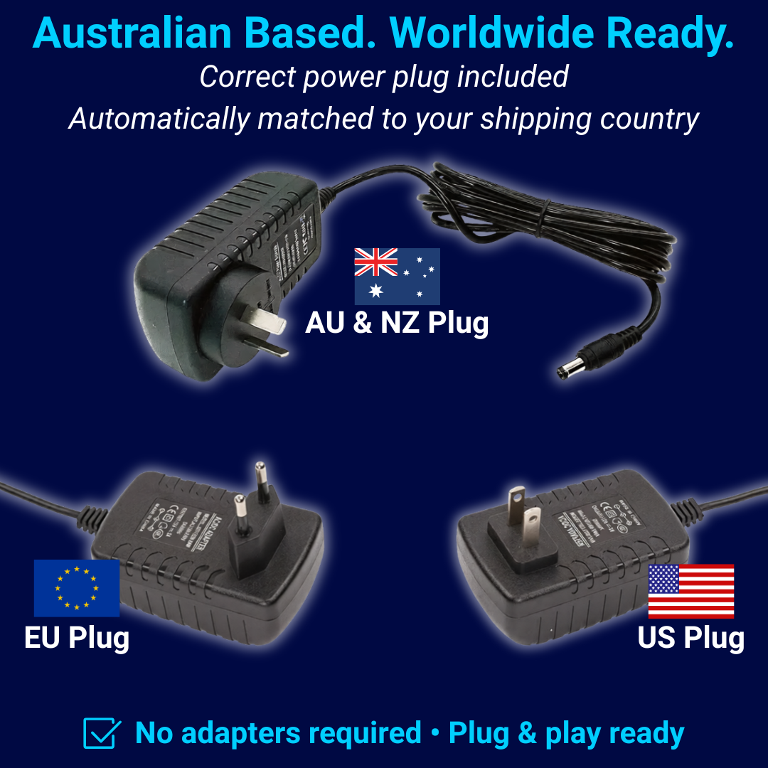 Arcade kit power supply with AU, EU and US plugs included, automatically matched to customer’s shipping country