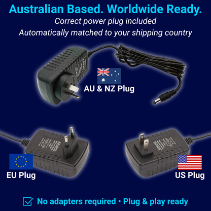 Arcade kit power supply with AU, EU and US plugs included, automatically matched to customer’s shipping country