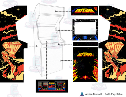 Defender arcade cabinet wrap kit mockup for Arcade Revival upright arcade cabinet
