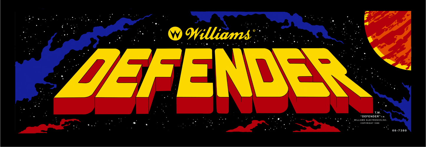 Defender arcade marquee reproduction featuring the original 1980 Williams artwork with bold yellow and red lettering against a deep space backdrop for arcade cabinets.