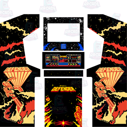 Alt text: Defender arcade cabinet wrap kit without marquee featuring side art, bezel, control panel and kick panel

