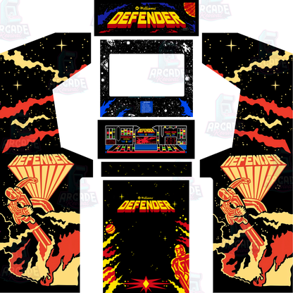 Alt text: Defender full arcade cabinet wrap kit with side art, marquee, bezel, control panel and kick panel
