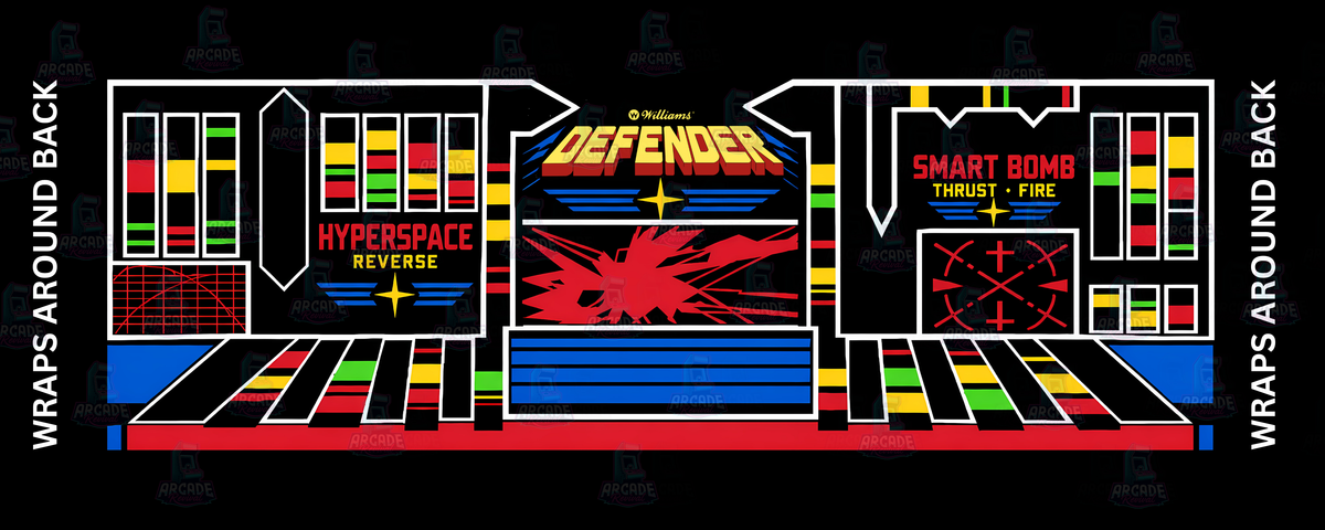 Defender reproduction control panel overlay featuring original 1980 Williams artwork with bold Defender logo Hyperspace Reverse Smart Bomb and Thrust controls against the iconic red yellow and black colour palette for DIY arcade cabinet builds.