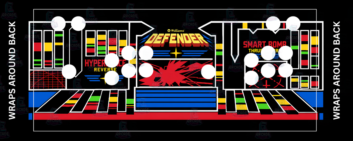 Defender reproduction control panel overlay with 2 player button layout featuring original 1980 Williams artwork with bold Defender logo Hyperspace Reverse Smart Bomb and Thrust controls against the iconic red yellow and black colour palette for DIY arcade cabinet builds.