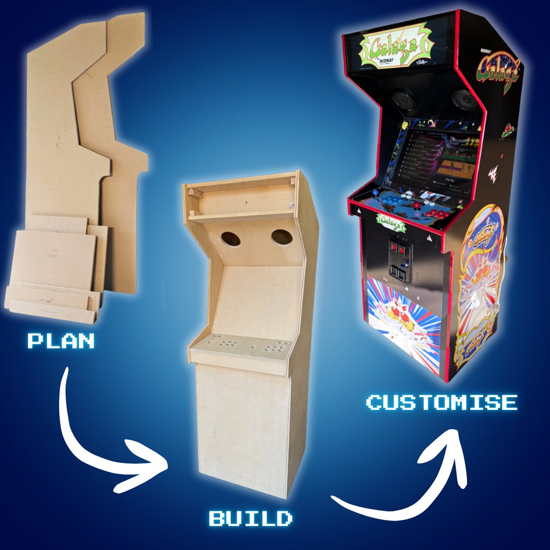 DIY arcade machine build process showing plan, build, and customise stages from cabinet panels to a finished arcade machine using the Arcade Revival guide.
