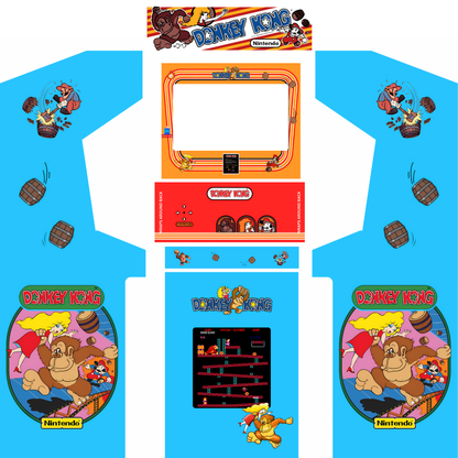 Donkey Kong classic arcade cabinet full wrap kit with marquee featuring retro side art, control panel graphics and bezel design for DIY arcade machines