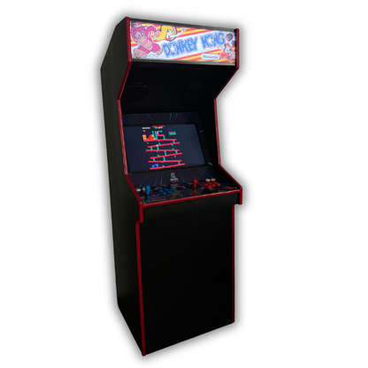 Full arcade cabinet featuring Donkey Kong reproduction marquee illuminated above screen running classic game.