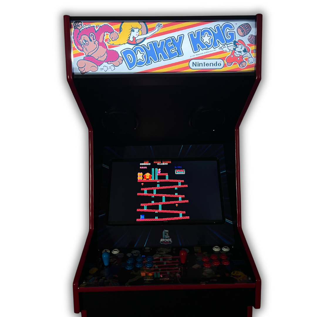 Donkey Kong reproduction arcade marquee installed on full-size arcade cabinet, lit up with bright retro design.