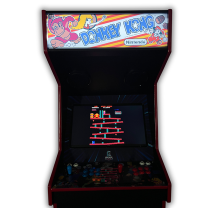 Donkey Kong reproduction arcade marquee installed on full-size arcade cabinet, lit up with bright retro design.
