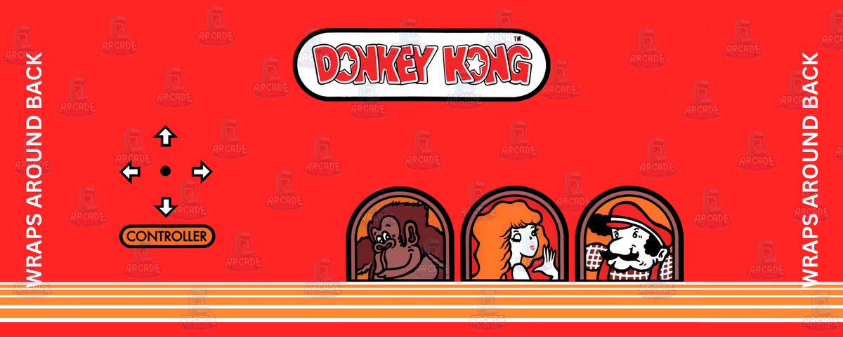 Donkey Kong reproduction control panel overlay featuring original 1981 Nintendo artwork with bold Donkey Kong logo and Donkey Kong Pauline and Jump Man character artwork against a vibrant red backdrop for DIY arcade cabinet builds.