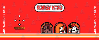 Donkey Kong reproduction control panel overlay featuring original 1981 Nintendo artwork with bold Donkey Kong logo and Donkey Kong Pauline and Jump Man character artwork against a vibrant red backdrop for DIY arcade cabinet builds.