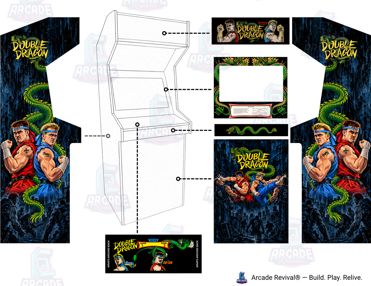 Double Dragon arcade cabinet wrap kit layout mockup by Arcade Revival, showing how the matching marquee, side panels, screen surround, control panel and front kick panel fit onto a DIY upright arcade machine.