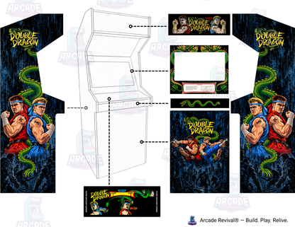 Double Dragon arcade cabinet wrap kit layout mockup by Arcade Revival, showing how the matching marquee, side panels, screen surround, control panel and front kick panel fit onto a DIY upright arcade machine.