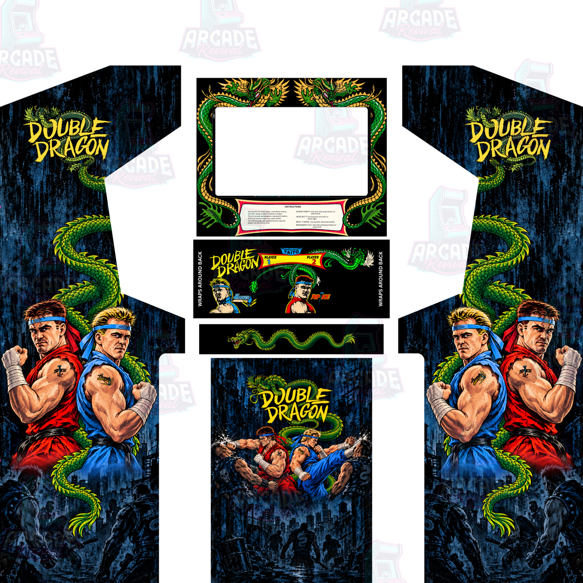 Double Dragon arcade cabinet vinyl wrap kit without marquee by Arcade Revival, featuring matching side panel artwork, front kick panel, control panel graphics, screen surround and classic green dragon illustrations.