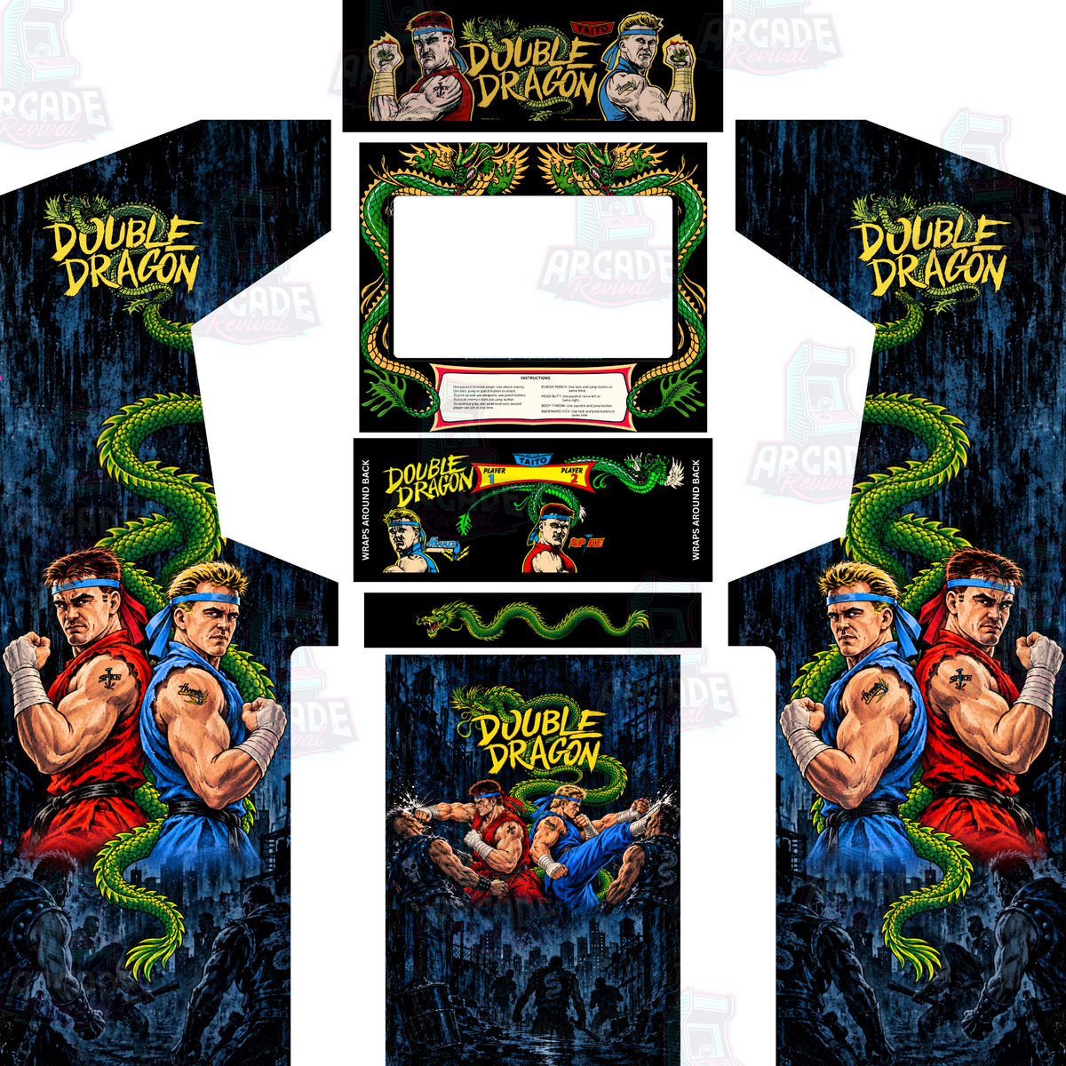 Double Dragon full arcade cabinet wrap kit with marquee by Arcade Revival, featuring classic 1987-inspired artwork, Billy and Jimmy Lee, green dragons, side panels, kick panel, control panel and screen surround.