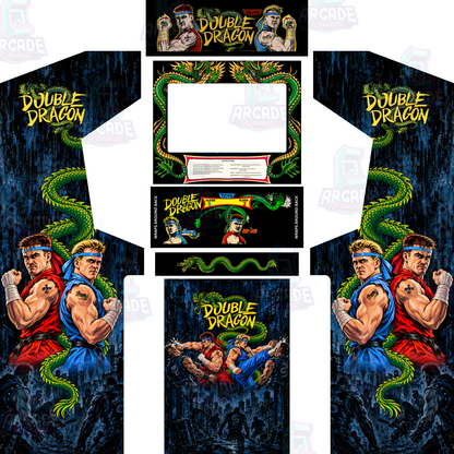 Double Dragon full arcade cabinet wrap kit with marquee by Arcade Revival, featuring classic 1987-inspired artwork, Billy and Jimmy Lee, green dragons, side panels, kick panel, control panel and screen surround.