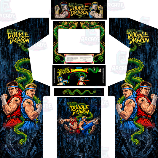 Double Dragon full arcade cabinet wrap kit with marquee by Arcade Revival, featuring classic 1987-inspired artwork, Billy and Jimmy Lee, green dragons, side panels, kick panel, control panel and screen surround.