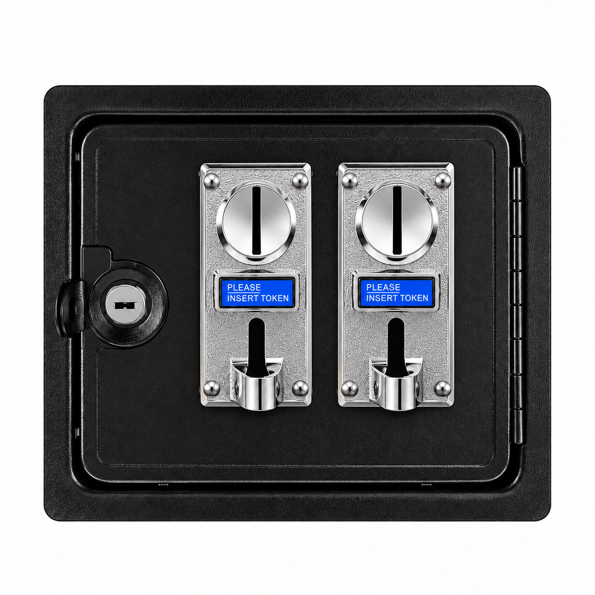 Black arcade coin door with dual coin acceptors installed and lock fitted for DIY arcade cabinet builds.