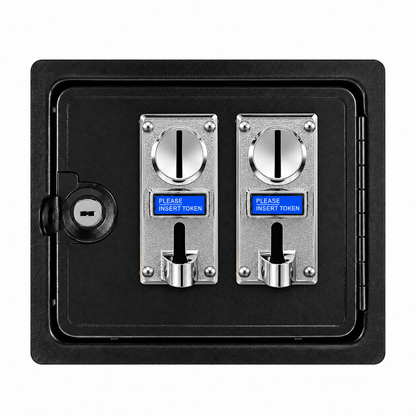 Black arcade coin door with dual coin acceptors installed and lock fitted for DIY arcade cabinet builds.
