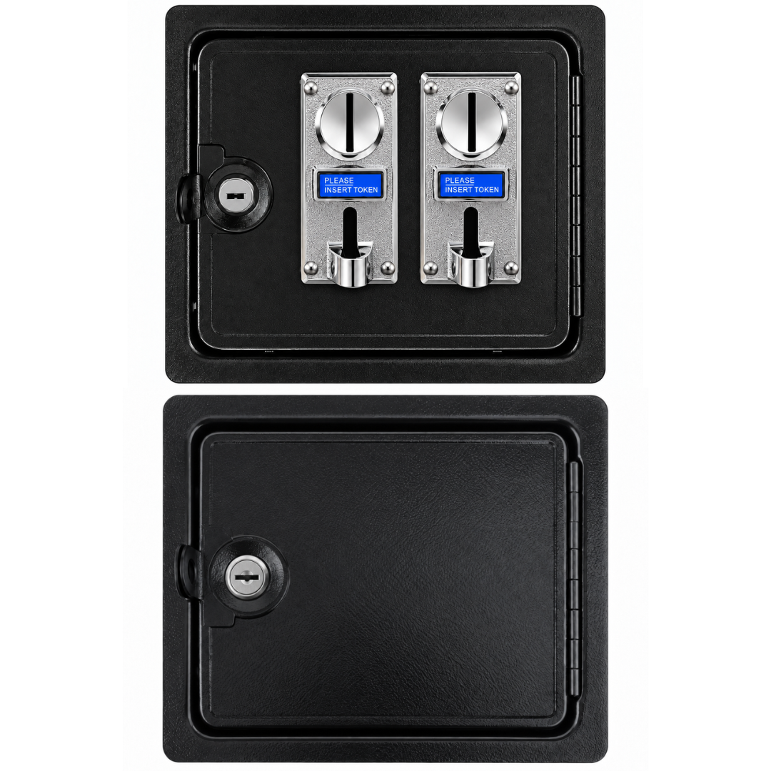 Dual arcade coin acceptor door with lock and key shown above a separate blank lower cash access door for easy coin collection and cabinet access.